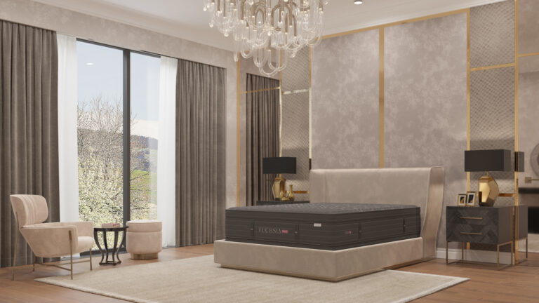 Fuchsia Duo mattress on a bed frame in a finished room