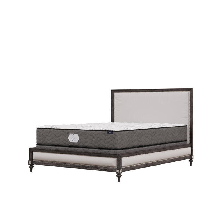 corner view of a Quiet Night mattress on a bed frame