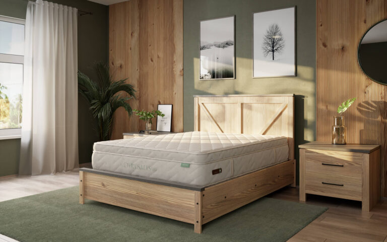 Chrysalis Luxe mattress on bedframe in finished room