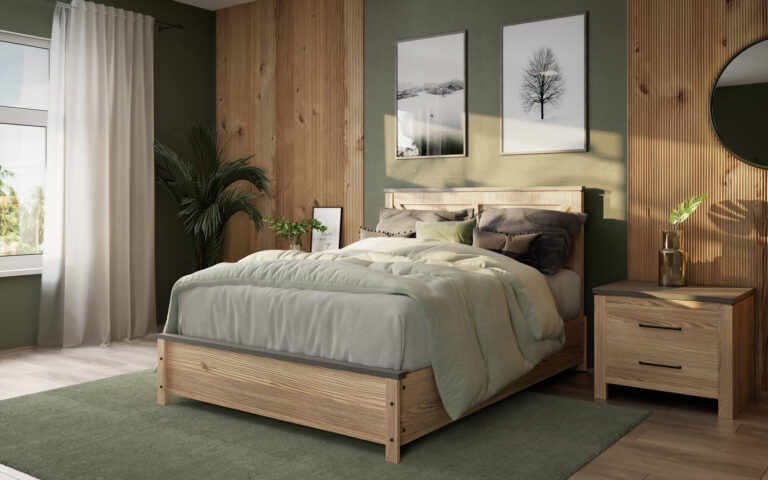 Chrysalis Luxe mattress with blankets on bedframe in finished room
